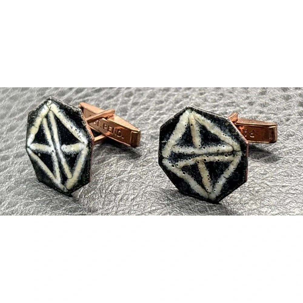 Vintage Modernist Copper and Black White Enamel Octagon Geometric Cufflinks